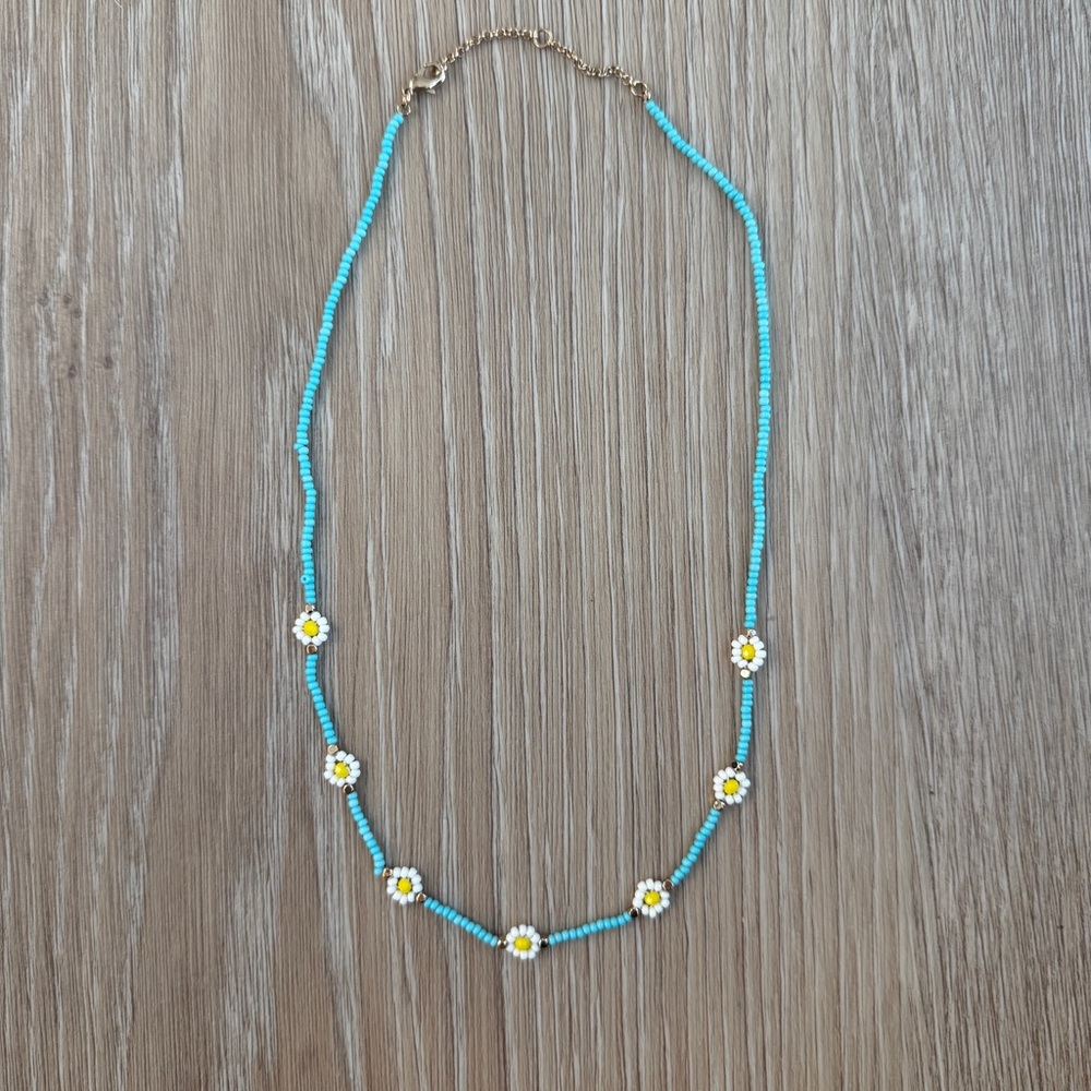 Anthropologie Turquoise and Yellow Daisy Beaded Necklace